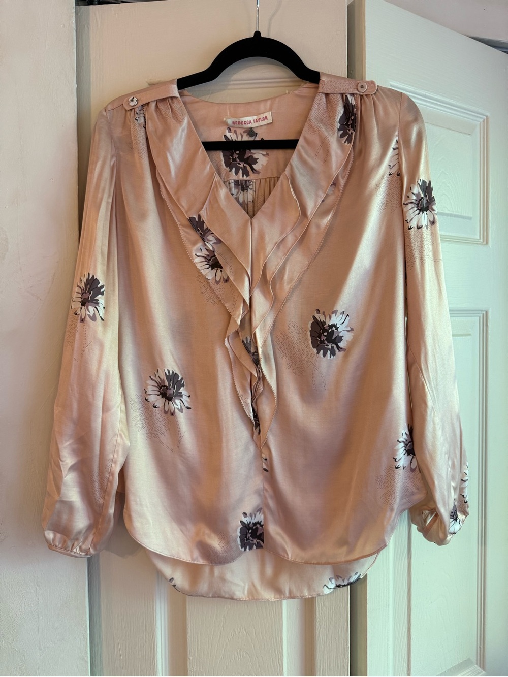 Rebecca Taylor Silk Blend Blush Floral Ruffle Blouse | Long Sleeve